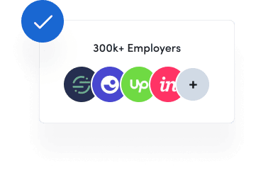 Home Website button displaying '300k+ Employers' in bold, with five circular logos below and an additional circle featuring a plus (add) icon