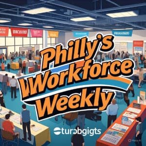 Bold logo text reading 'Philly's Workforce Weekly' centered over an office scene with people working, and the TurboGigs logo positioned in the bottom right corner